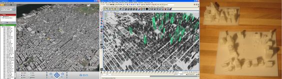 Three frame process of 3D printing models from Google Earth